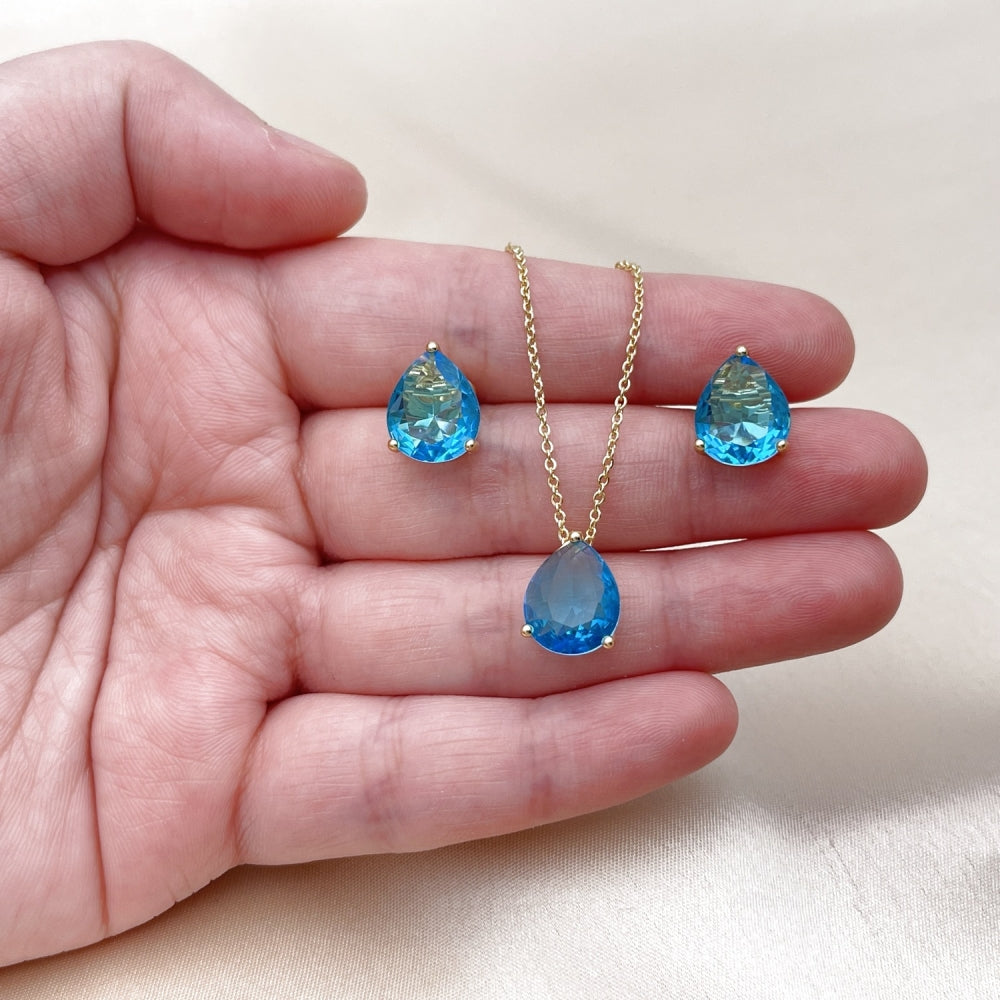 Oro Laminado Earring and Pendant Adult Set, Gold Filled Style Teardrop and Rolo Design, with Blue Topaz Cubic Zirconia, Polished, Golden Finish