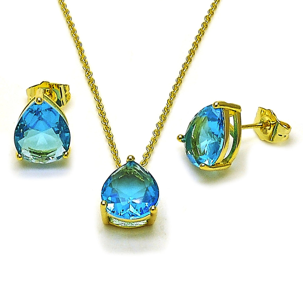 Oro Laminado Earring and Pendant Adult Set, Gold Filled Style Teardrop and Rolo Design, with Blue Topaz Cubic Zirconia, Polished, Golden Finish