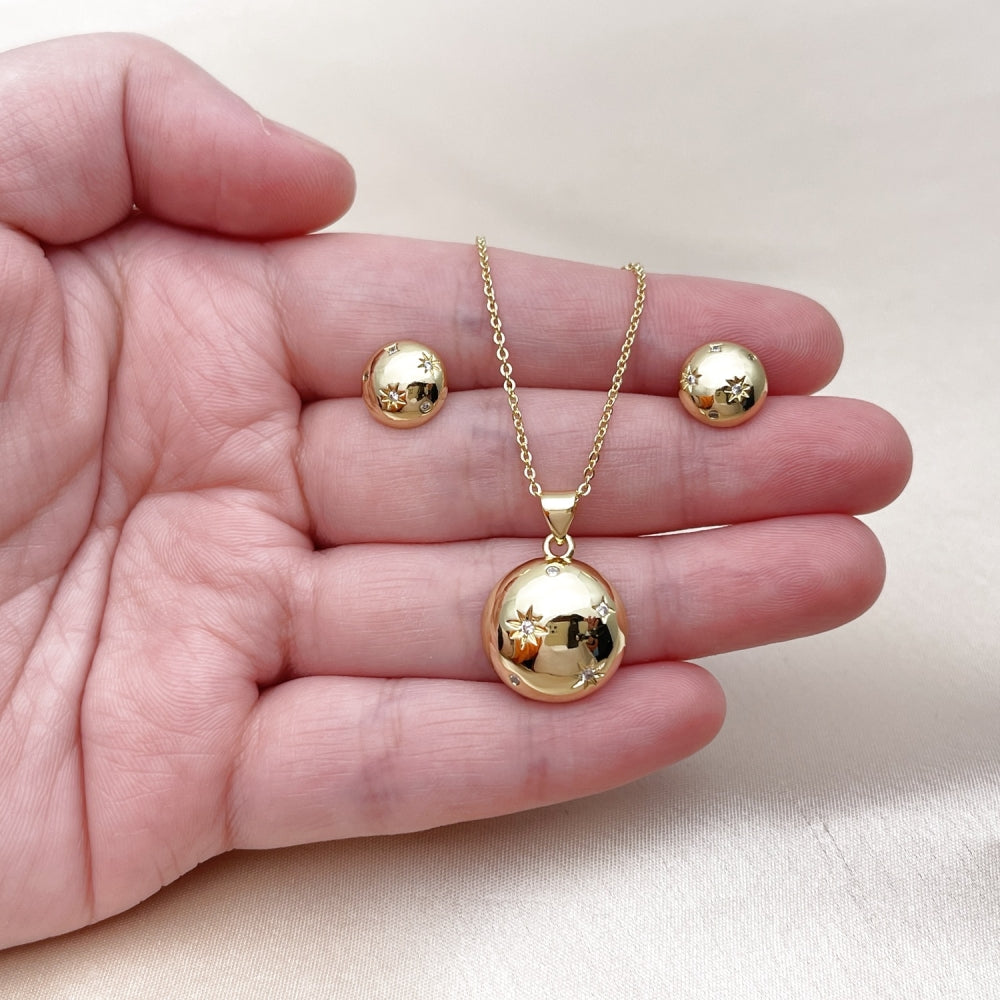 Oro Laminado Earring and Pendant Adult Set, Gold Filled Style Sun and Rolo Design, with White Cubic Zirconia, Polished, Golden Finish
