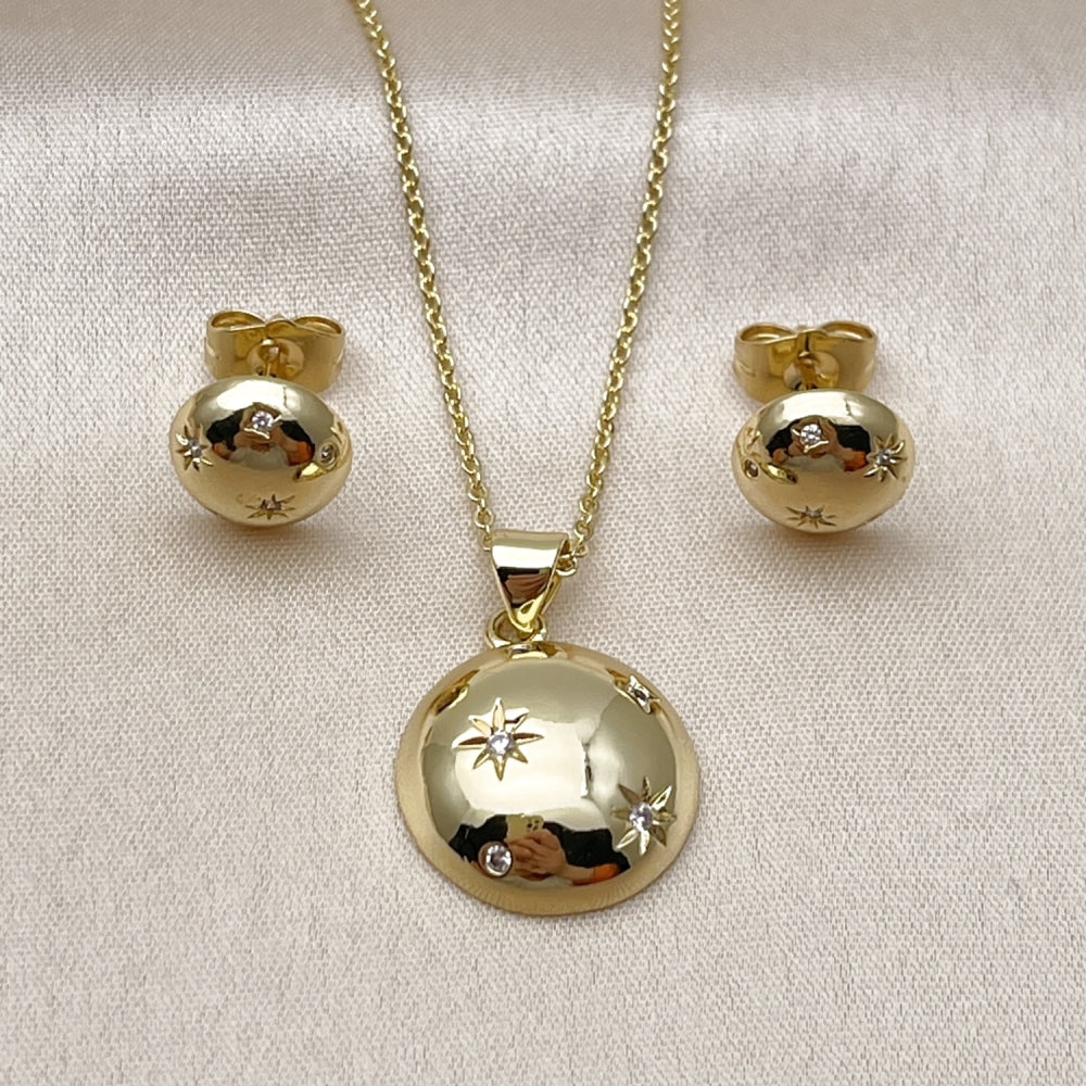 Oro Laminado Earring and Pendant Adult Set, Gold Filled Style Sun and Rolo Design, with White Cubic Zirconia, Polished, Golden Finish