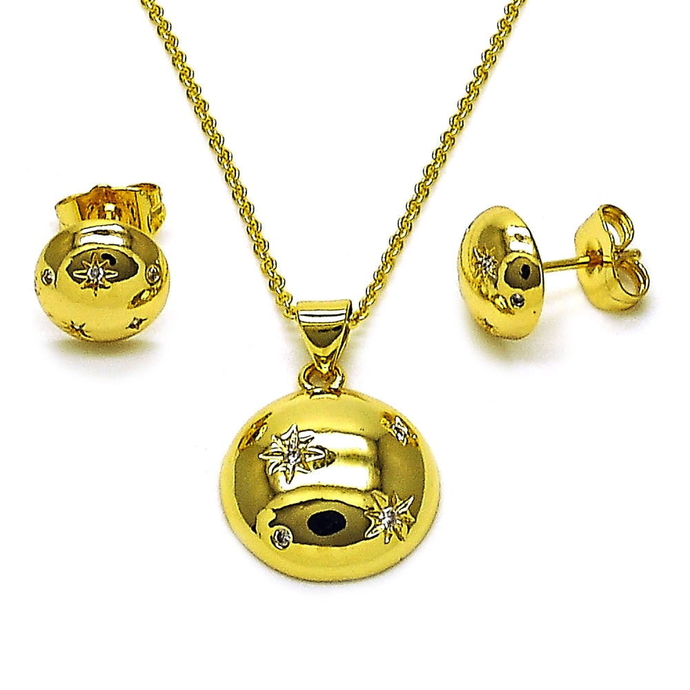 Oro Laminado Earring and Pendant Adult Set, Gold Filled Style Sun and Rolo Design, with White Cubic Zirconia, Polished, Golden Finish
