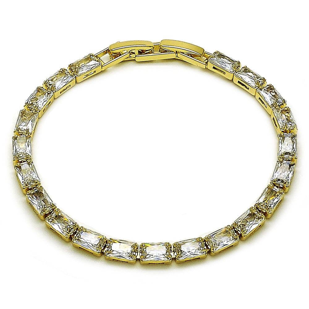 Oro Laminado Tennis Bracelet, Gold Filled Style Baguette Design, with White Cubic Zirconia, Polished, Golden Finish
