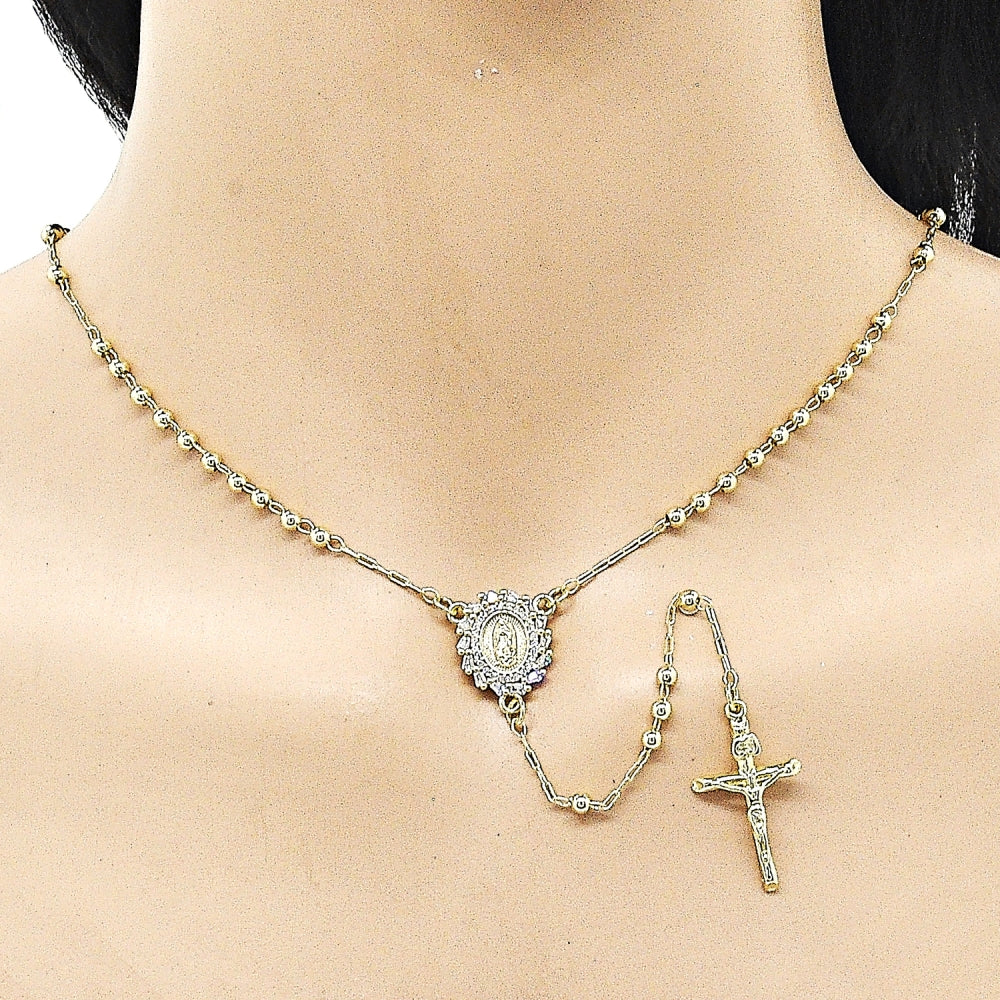 Oro Laminado Thin Rosary, Gold Filled Style Guadalupe and Crucifix Design, with White Cubic Zirconia, Polished, Golden Finish
