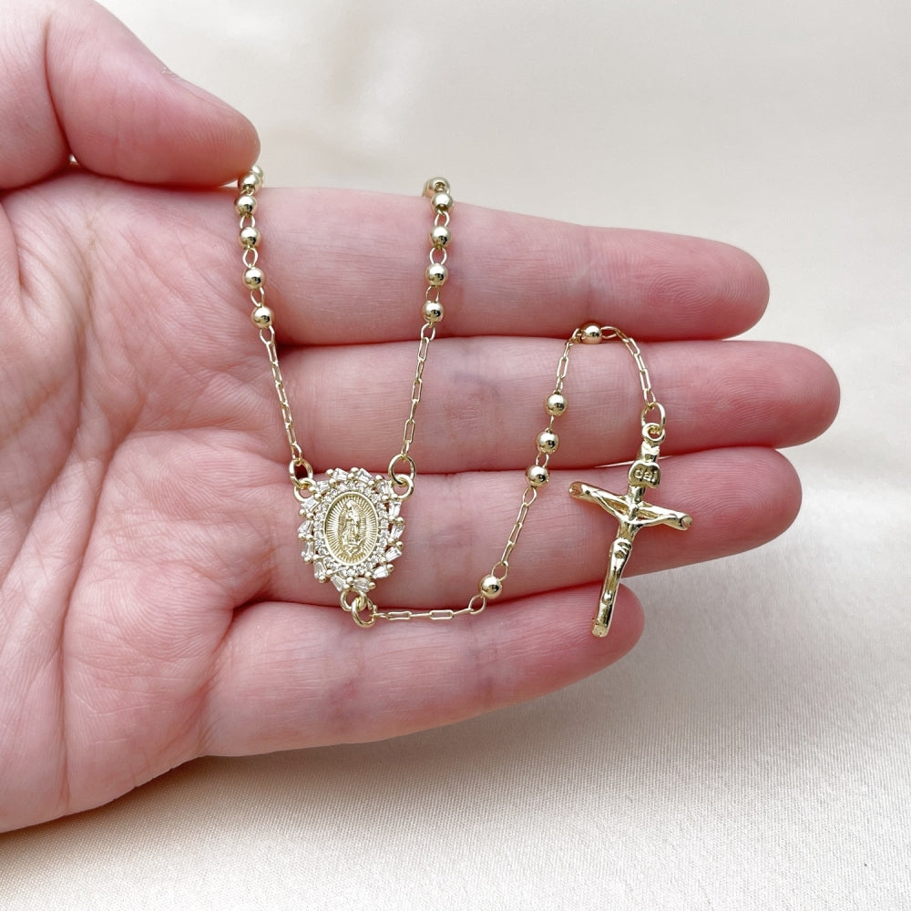 Oro Laminado Thin Rosary, Gold Filled Style Guadalupe and Crucifix Design, with White Cubic Zirconia, Polished, Golden Finish