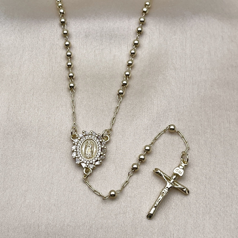 Oro Laminado Thin Rosary, Gold Filled Style Guadalupe and Crucifix Design, with White Cubic Zirconia, Polished, Golden Finish
