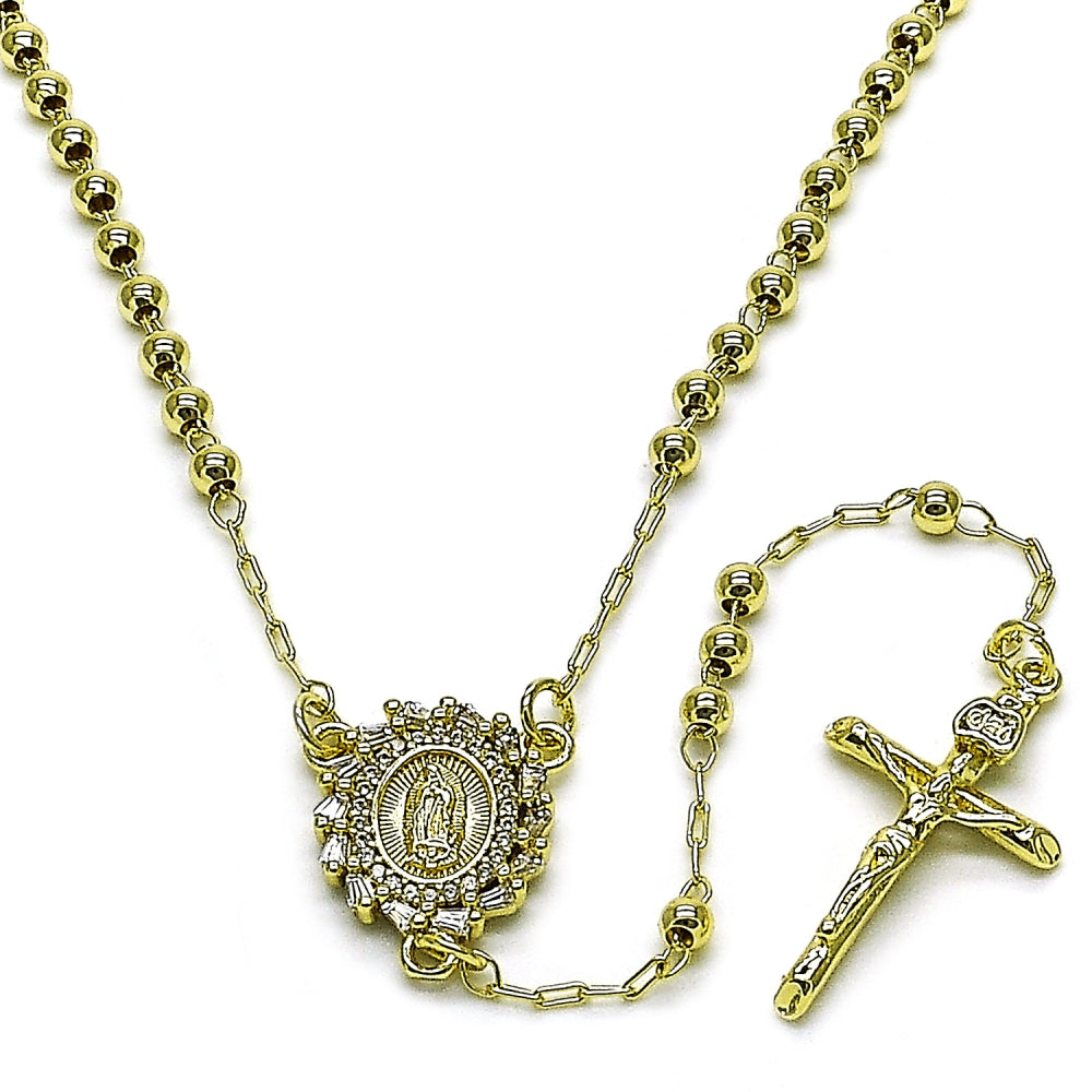 Oro Laminado Thin Rosary, Gold Filled Style Guadalupe and Crucifix Design, with White Cubic Zirconia, Polished, Golden Finish