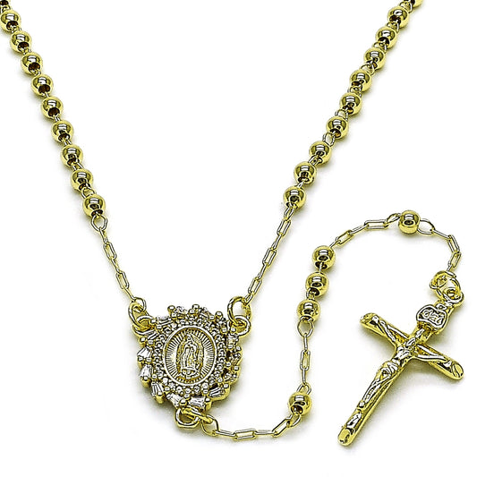 Oro Laminado Thin Rosary, Gold Filled Style Guadalupe and Crucifix Design, with White Cubic Zirconia, Polished, Golden Finish