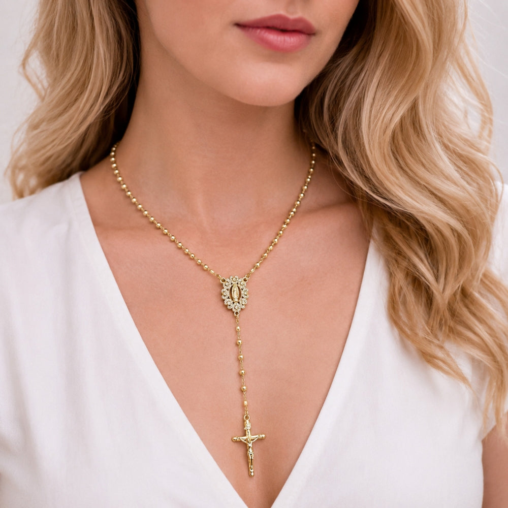 Oro Laminado Thin Rosary, Gold Filled Style Guadalupe and Crucifix Design, with White Micro Pave, Polished, Golden Finish