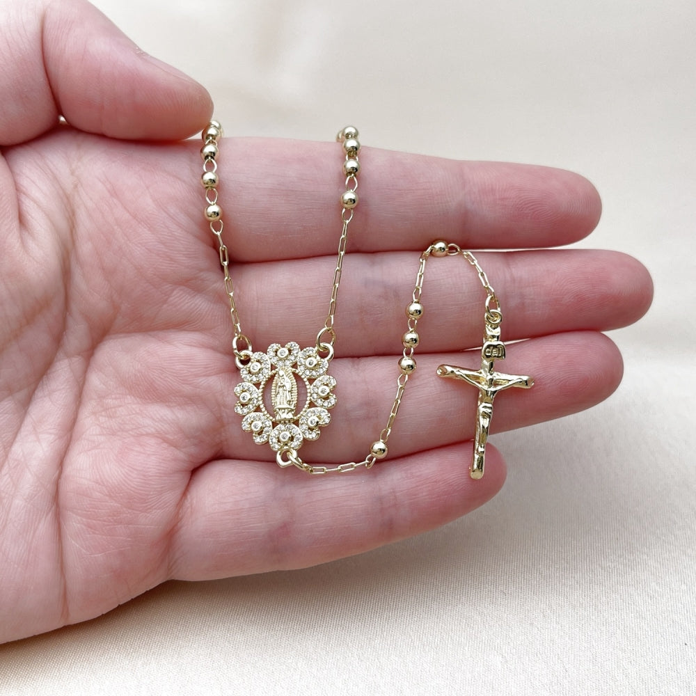 Oro Laminado Thin Rosary, Gold Filled Style Guadalupe and Crucifix Design, with White Micro Pave, Polished, Golden Finish