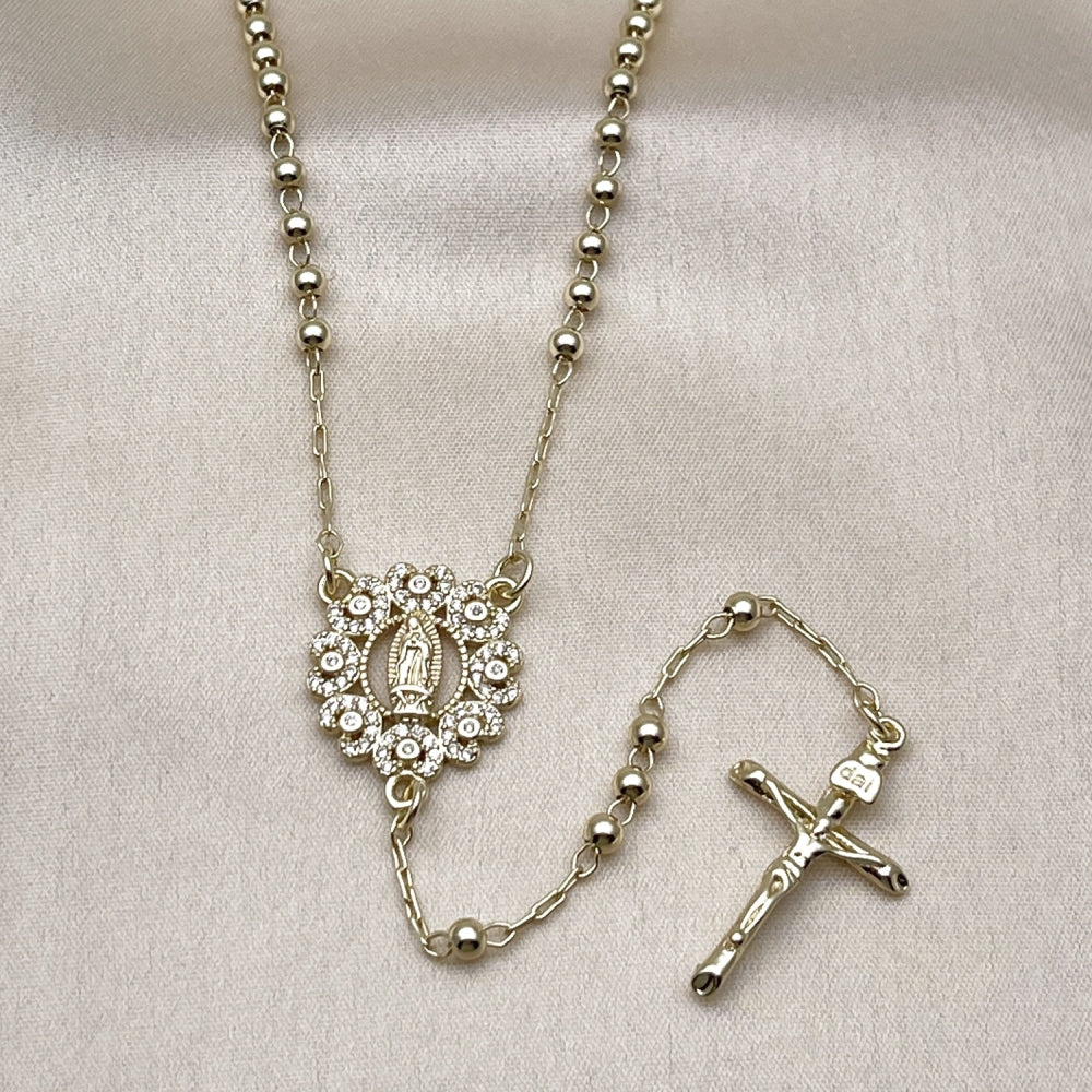 Oro Laminado Thin Rosary, Gold Filled Style Guadalupe and Crucifix Design, with White Micro Pave, Polished, Golden Finish