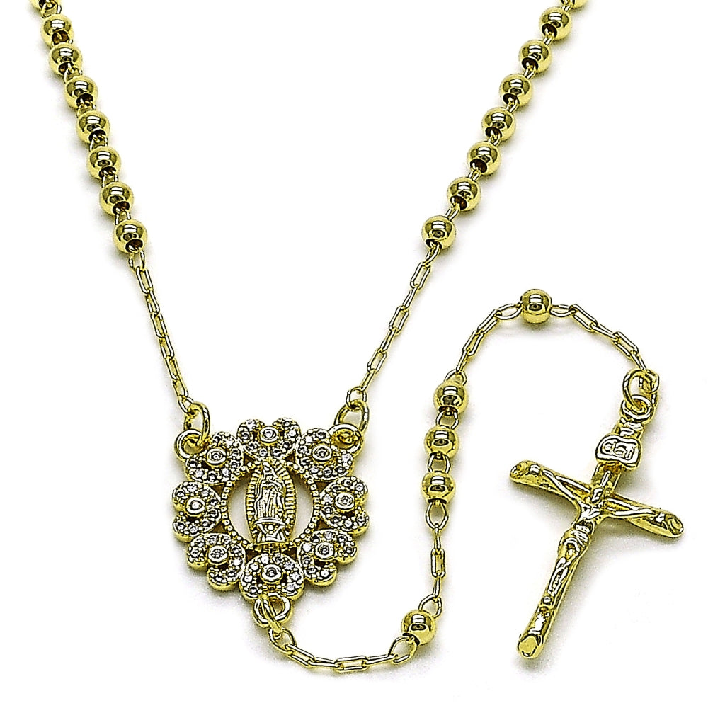 Oro Laminado Thin Rosary, Gold Filled Style Guadalupe and Crucifix Design, with White Micro Pave, Polished, Golden Finish
