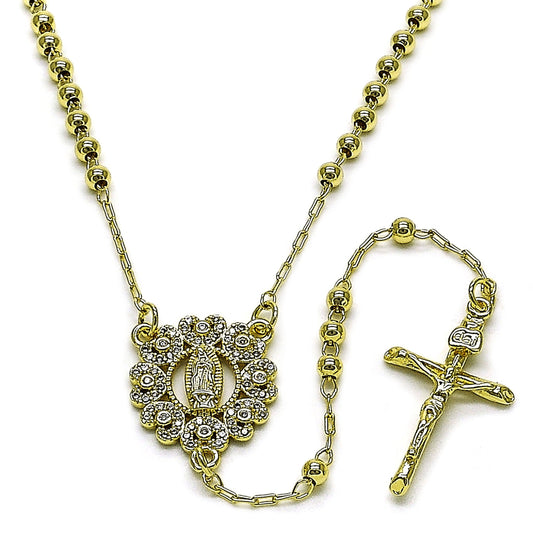 Oro Laminado Thin Rosary, Gold Filled Style Guadalupe and Crucifix Design, with White Micro Pave, Polished, Golden Finish