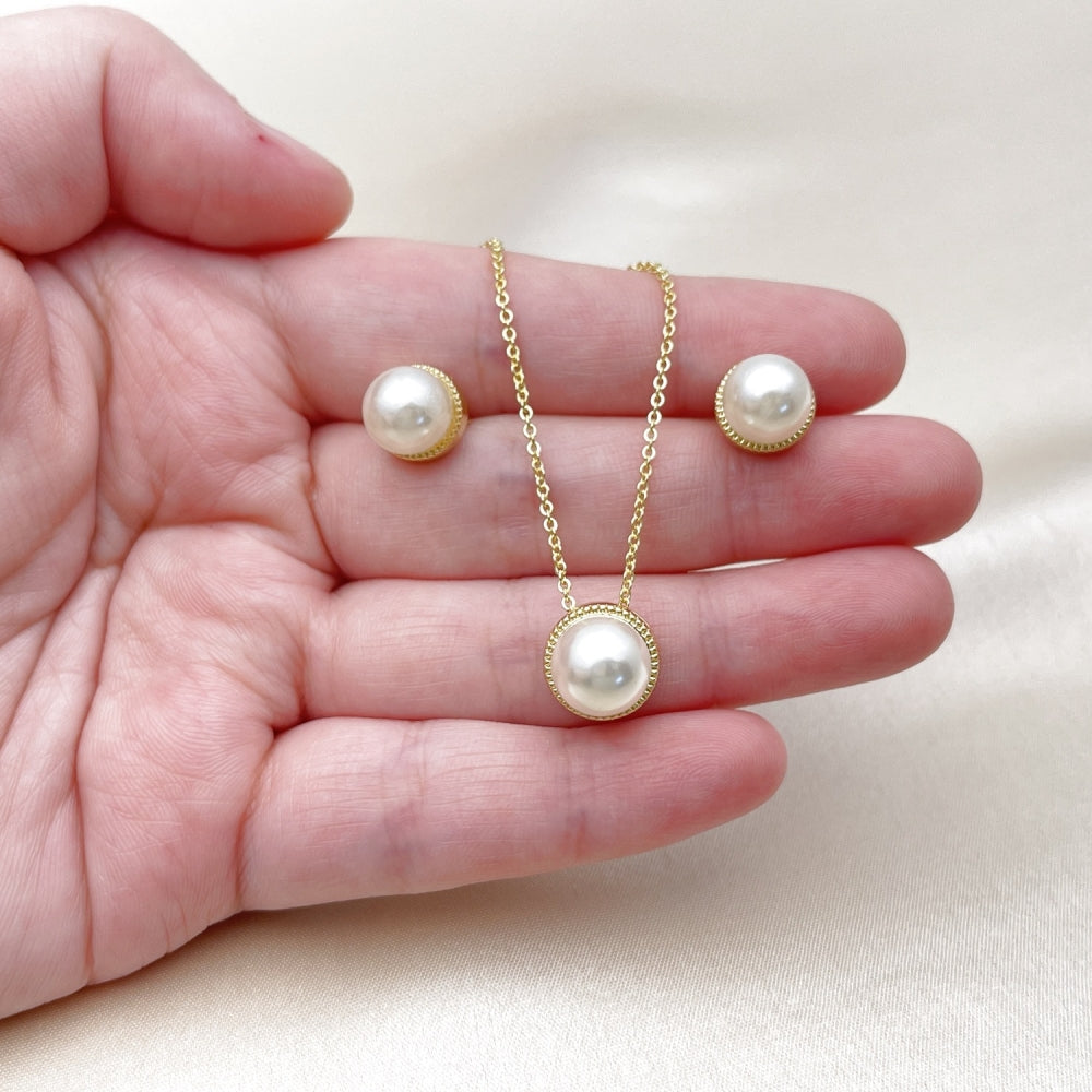 Oro Laminado Earring and Pendant Adult Set, Gold Filled Style Ball Design, with Ivory Mother of Pearl, Polished, Golden Finish