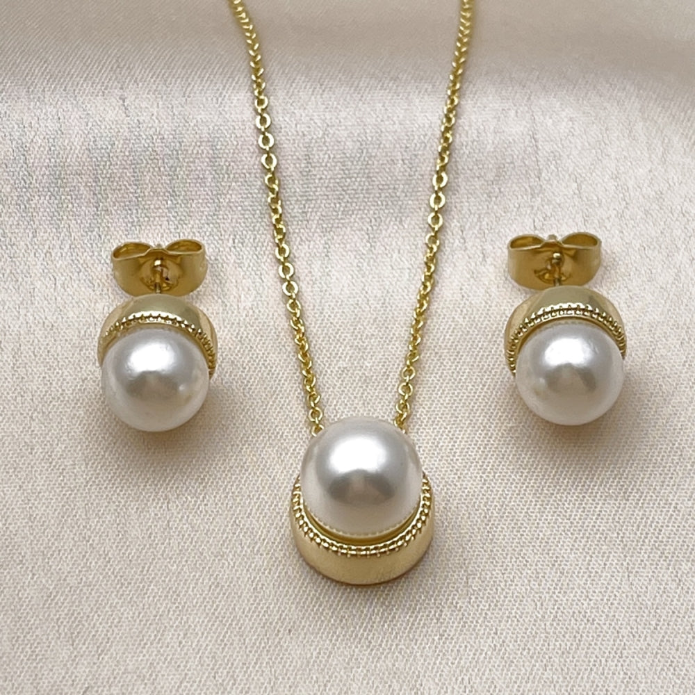 Oro Laminado Earring and Pendant Adult Set, Gold Filled Style Ball Design, with Ivory Mother of Pearl, Polished, Golden Finish