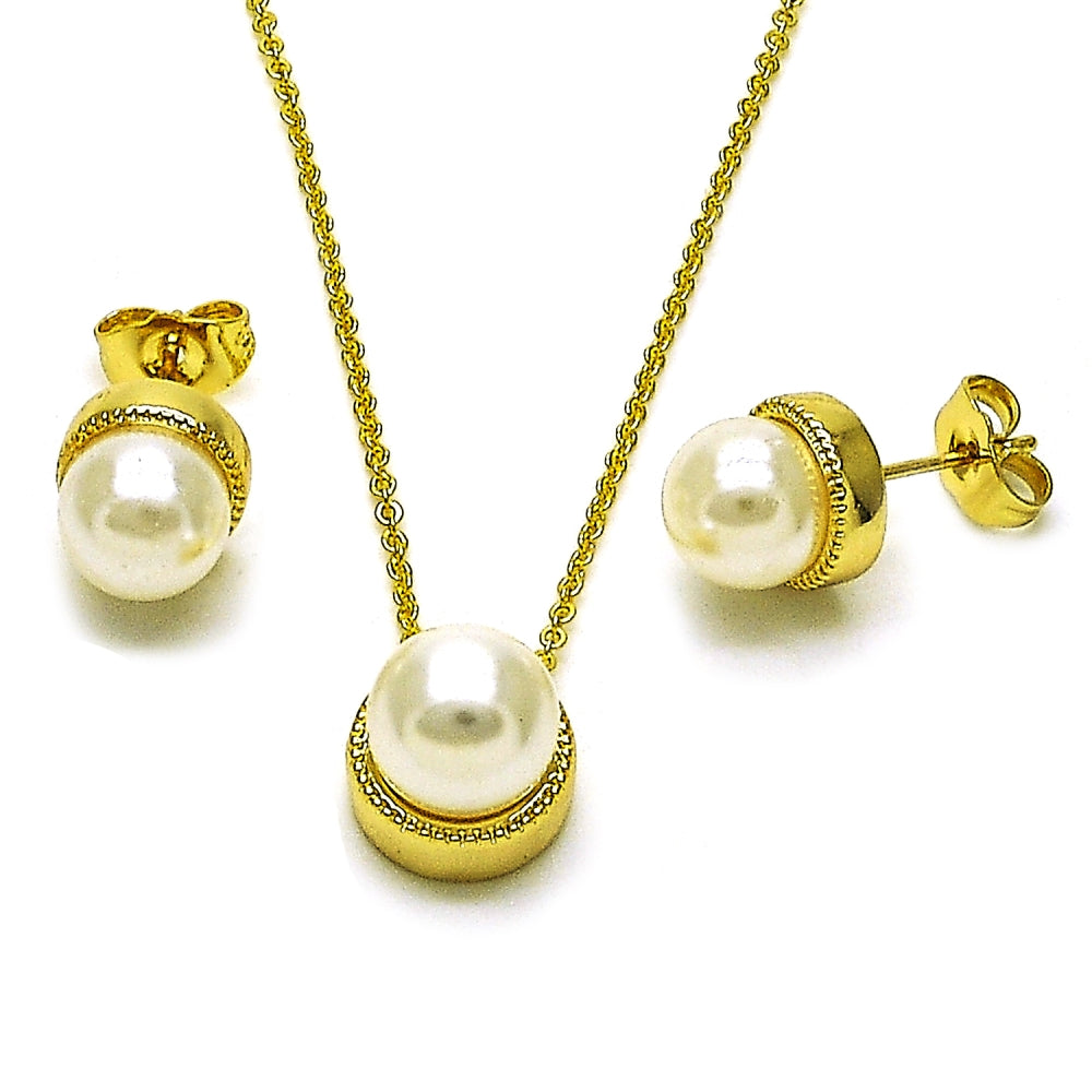 Oro Laminado Earring and Pendant Adult Set, Gold Filled Style Ball Design, with Ivory Mother of Pearl, Polished, Golden Finish