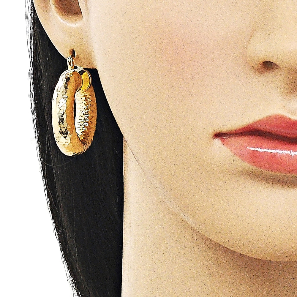 Oro Laminado Medium Hoop, Gold Filled Style Hollow Design, Diamond Cutting Finish, Golden Finish