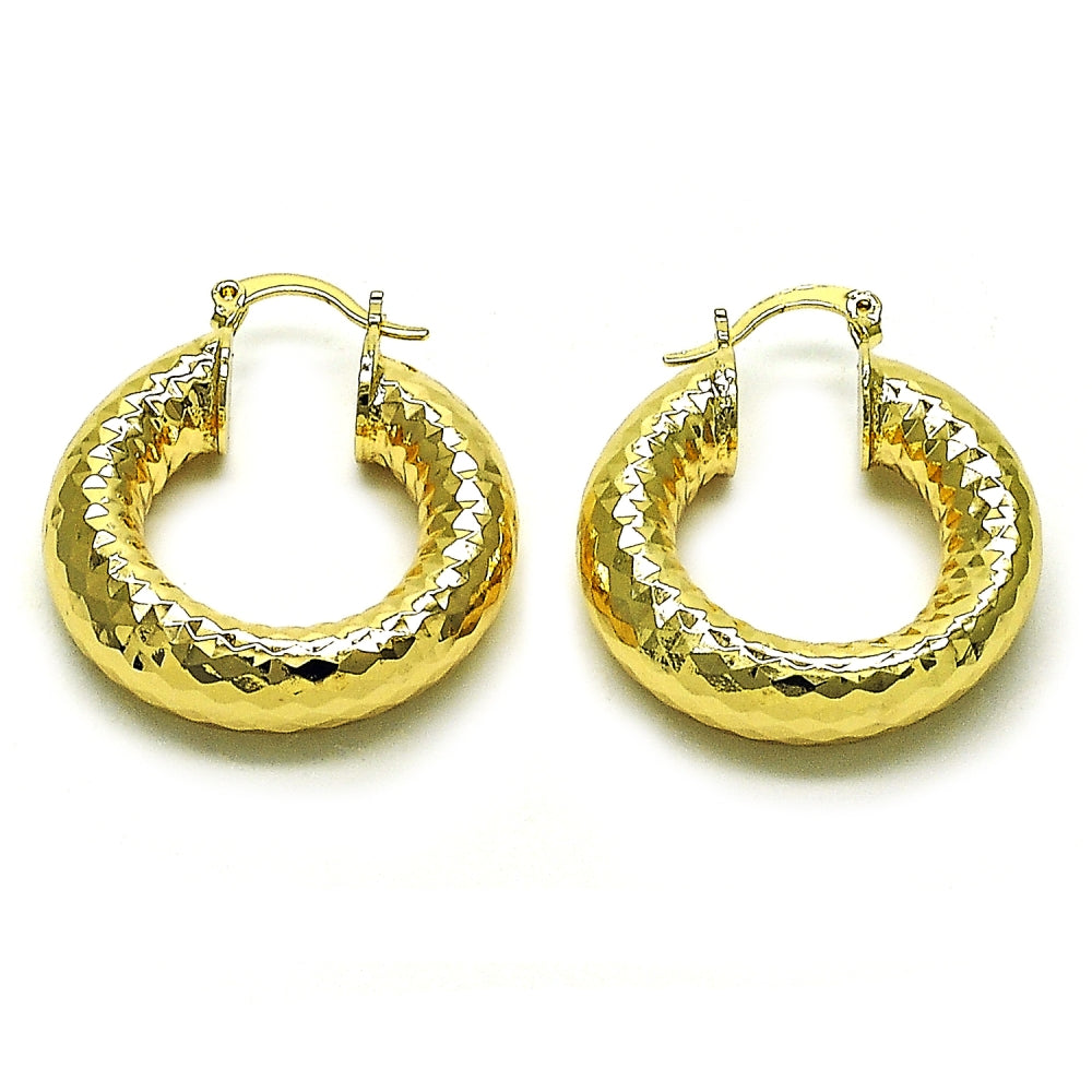 Oro Laminado Medium Hoop, Gold Filled Style Hollow Design, Diamond Cutting Finish, Golden Finish
