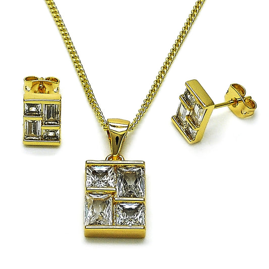 Oro Laminado Earring and Pendant Adult Set, Gold Filled Style Baguette Design, with White Cubic Zirconia, Polished, Golden Finish
