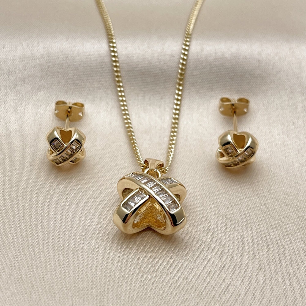 Oro Laminado Earring and Pendant Adult Set, Gold Filled Style Baguette and Love Knot Design, with White Cubic Zirconia, Polished, Golden Finish