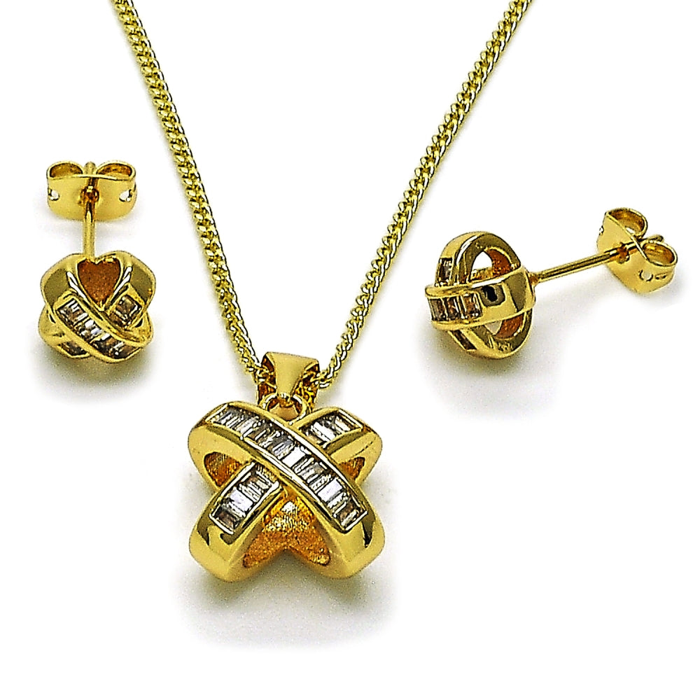 Oro Laminado Earring and Pendant Adult Set, Gold Filled Style Baguette and Love Knot Design, with White Cubic Zirconia, Polished, Golden Finish