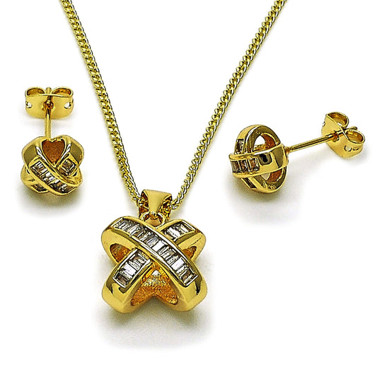 Oro Laminado Earring and Pendant Adult Set, Gold Filled Style Baguette and Love Knot Design, with White Cubic Zirconia, Polished, Golden Finish