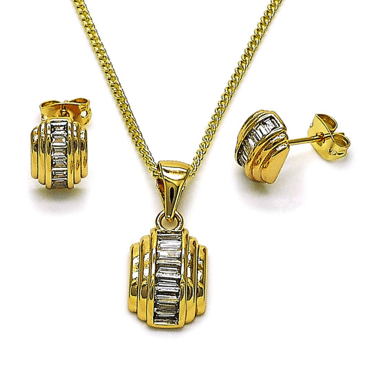 Oro Laminado Earring and Pendant Adult Set, Gold Filled Style Baguette Design, with White Cubic Zirconia, Polished, Golden Finish