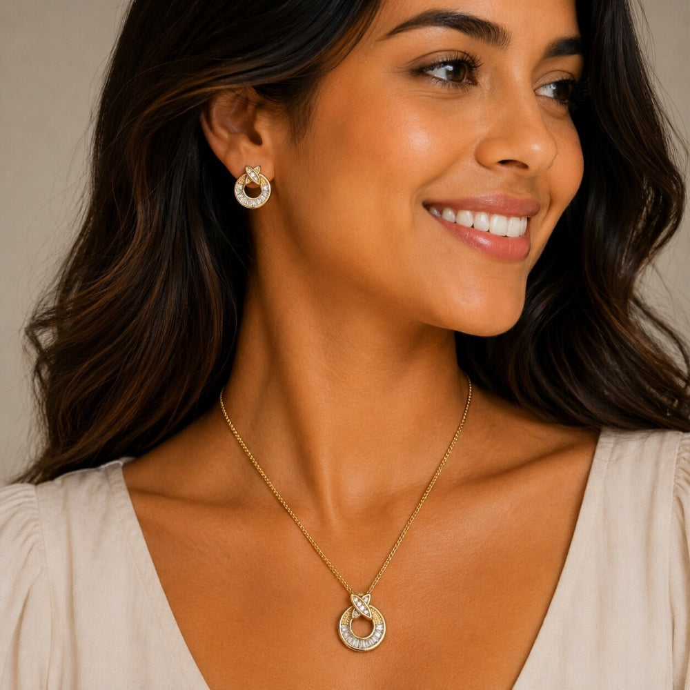 Oro Laminado Earring and Pendant Adult Set, Gold Filled Style Baguette Design, with White Cubic Zirconia and White Micro Pave, Polished, Golden Finish
