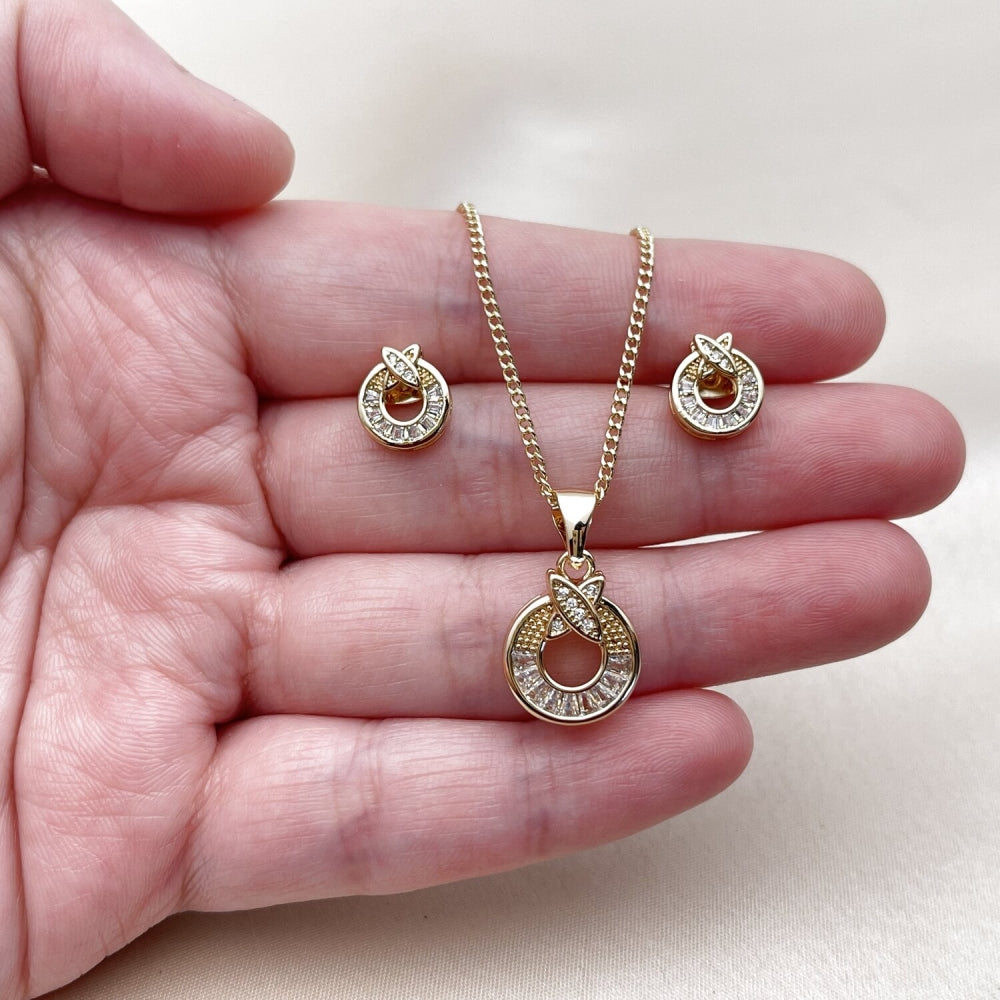 Oro Laminado Earring and Pendant Adult Set, Gold Filled Style Baguette Design, with White Cubic Zirconia and White Micro Pave, Polished, Golden Finish