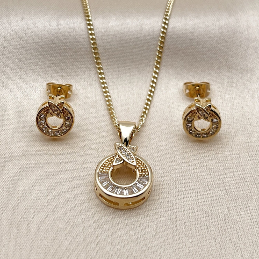 Oro Laminado Earring and Pendant Adult Set, Gold Filled Style Baguette Design, with White Cubic Zirconia and White Micro Pave, Polished, Golden Finish