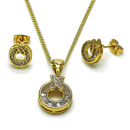 Oro Laminado Earring and Pendant Adult Set, Gold Filled Style Baguette Design, with White Cubic Zirconia and White Micro Pave, Polished, Golden Finish