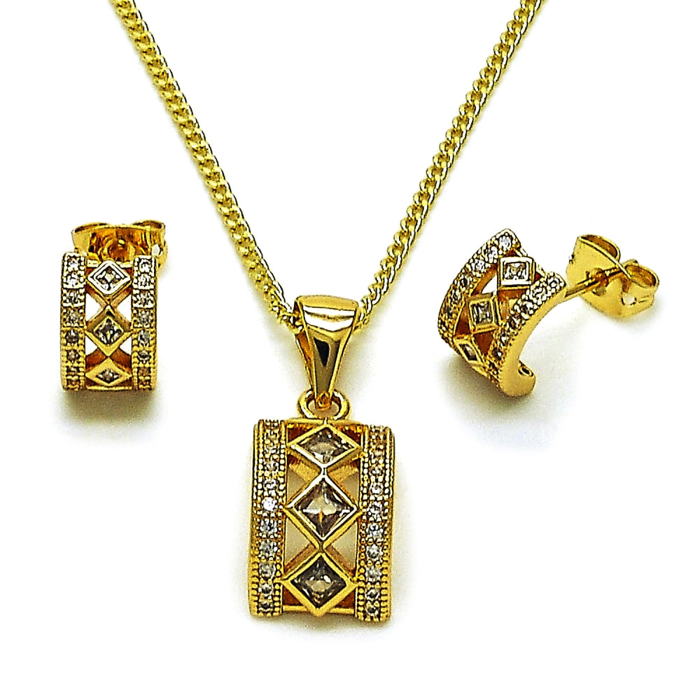 Oro Laminado Earring and Pendant Adult Set, Gold Filled Style Cluster Design, with White Cubic Zirconia and White Micro Pave, Polished, Golden Finish