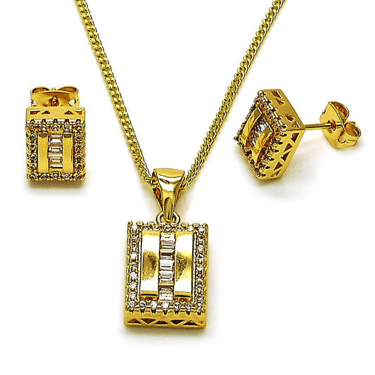 Oro Laminado Earring and Pendant Adult Set, Gold Filled Style Baguette Design, with White Cubic Zirconia and White Micro Pave, Polished, Golden Finish