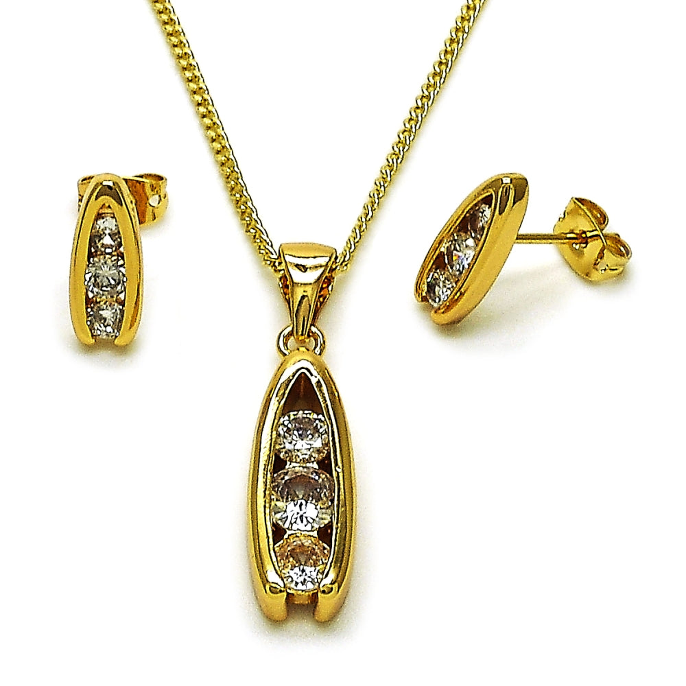 Oro Laminado Earring and Pendant Adult Set, Gold Filled Style Horseshoe Design, with White Cubic Zirconia, Polished, Golden Finish