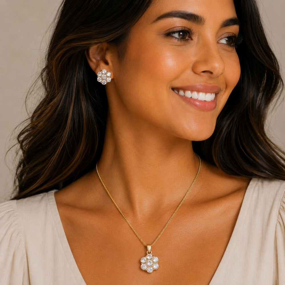 Oro Laminado Earring and Pendant Adult Set, Gold Filled Style Cluster Design, with White Cubic Zirconia, Polished, Golden Finish