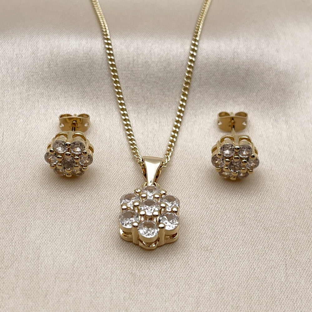 Oro Laminado Earring and Pendant Adult Set, Gold Filled Style Cluster Design, with White Cubic Zirconia, Polished, Golden Finish