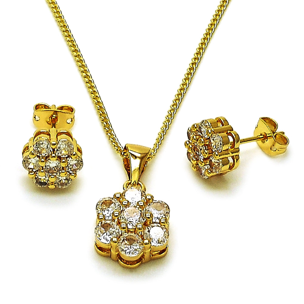 Oro Laminado Earring and Pendant Adult Set, Gold Filled Style Cluster Design, with White Cubic Zirconia, Polished, Golden Finish