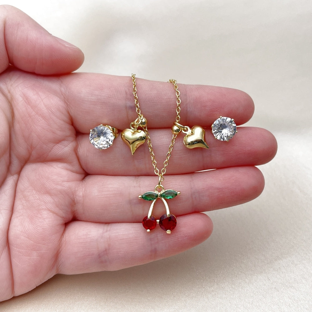 Oro Laminado Earring and Pendant Adult Set, Gold Filled Style Cherry and Heart Design, with White and Garnet Cubic Zirconia, Polished, Golden Finish