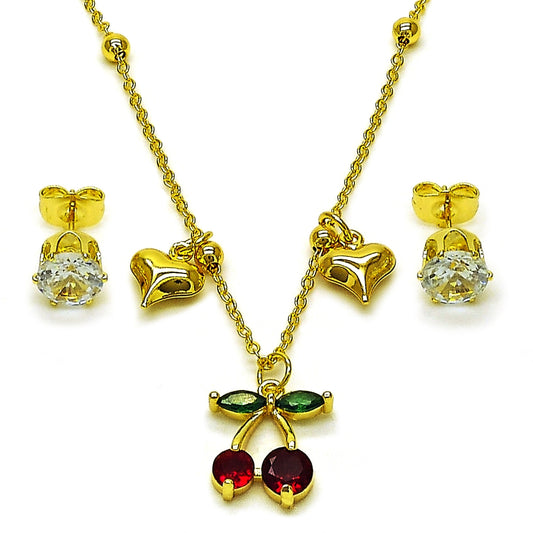 Oro Laminado Earring and Pendant Adult Set, Gold Filled Style Cherry and Heart Design, with White and Garnet Cubic Zirconia, Polished, Golden Finish