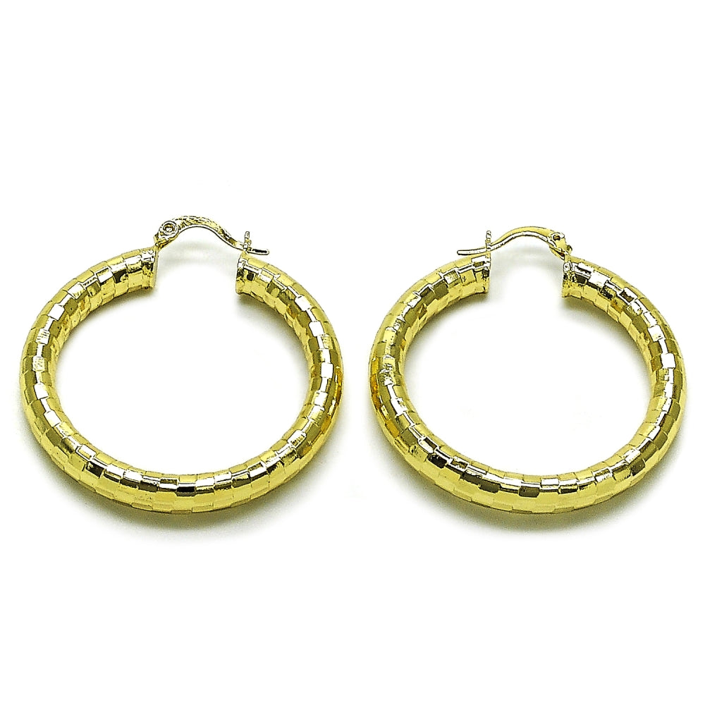 Oro Laminado Medium Hoop, Gold Filled Style Hollow Design, Diamond Cutting Finish, Golden Finish