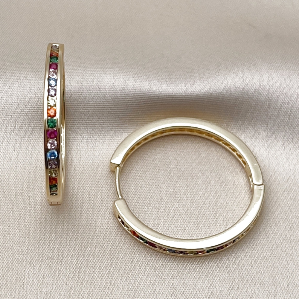 Oro Laminado Huggie Hoop, Gold Filled Style with Multicolor Cubic Zirconia, Polished, Golden Finish