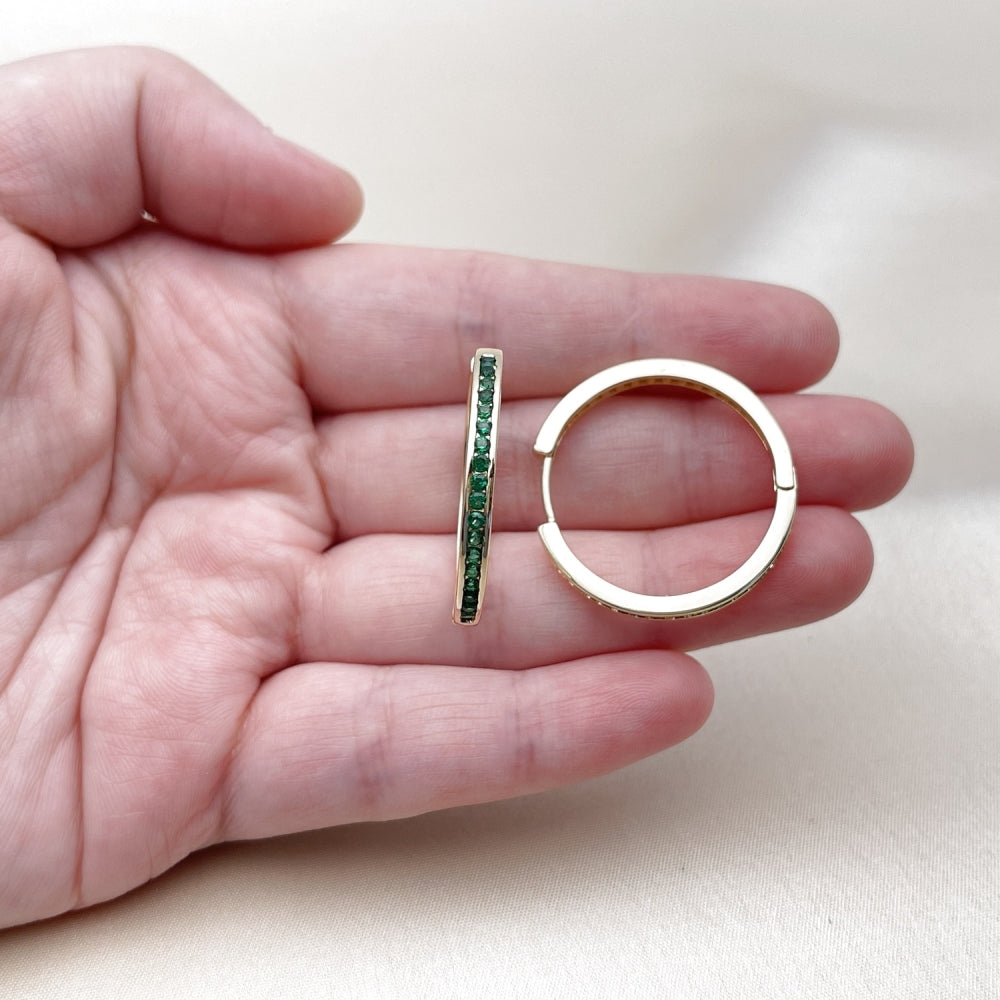 Oro Laminado Huggie Hoop, Gold Filled Style with Green Cubic Zirconia, Polished, Golden Finish