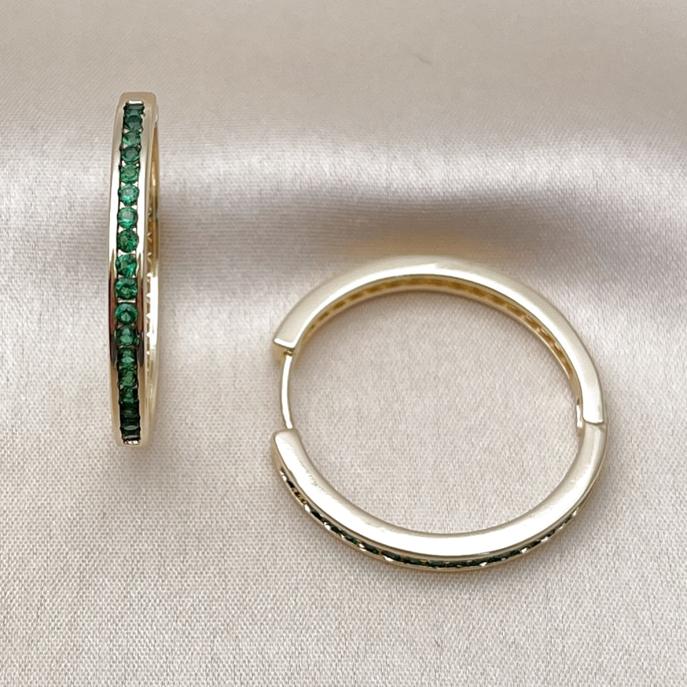 Oro Laminado Huggie Hoop, Gold Filled Style with Green Cubic Zirconia, Polished, Golden Finish