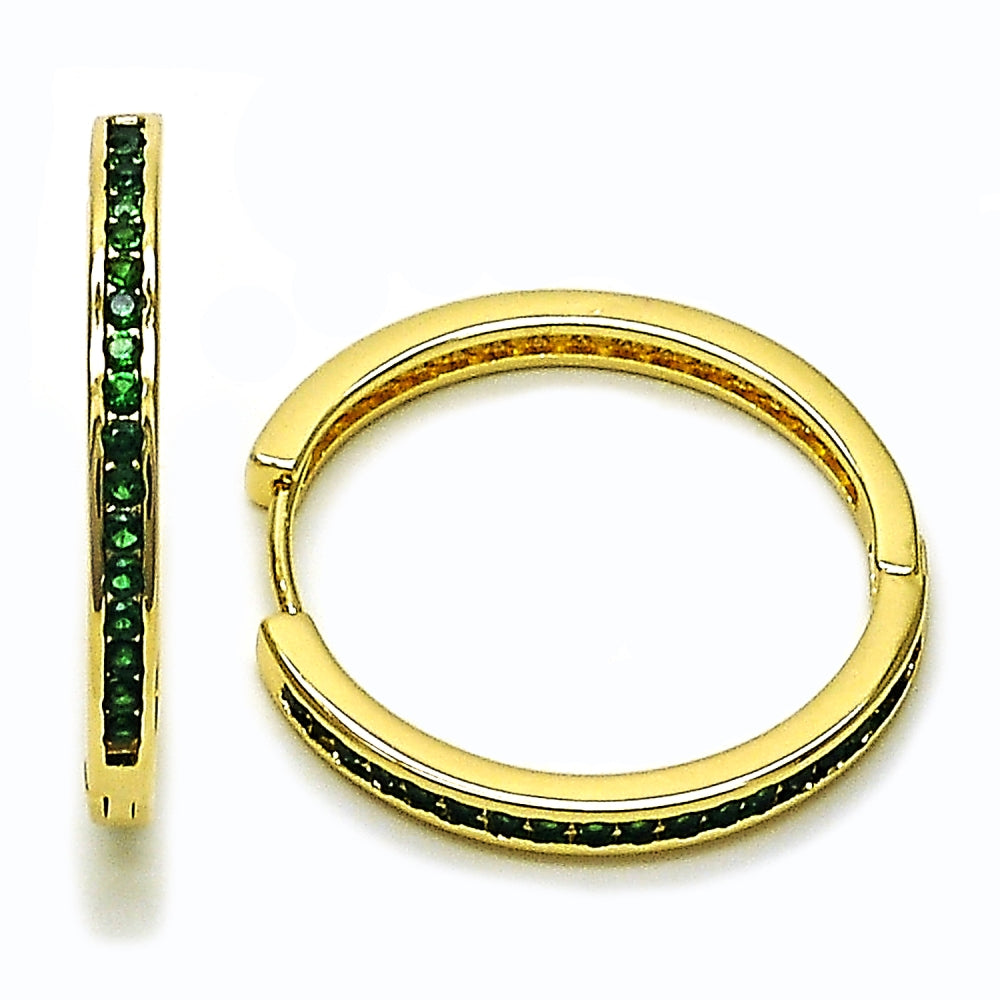 Oro Laminado Huggie Hoop, Gold Filled Style with Green Cubic Zirconia, Polished, Golden Finish