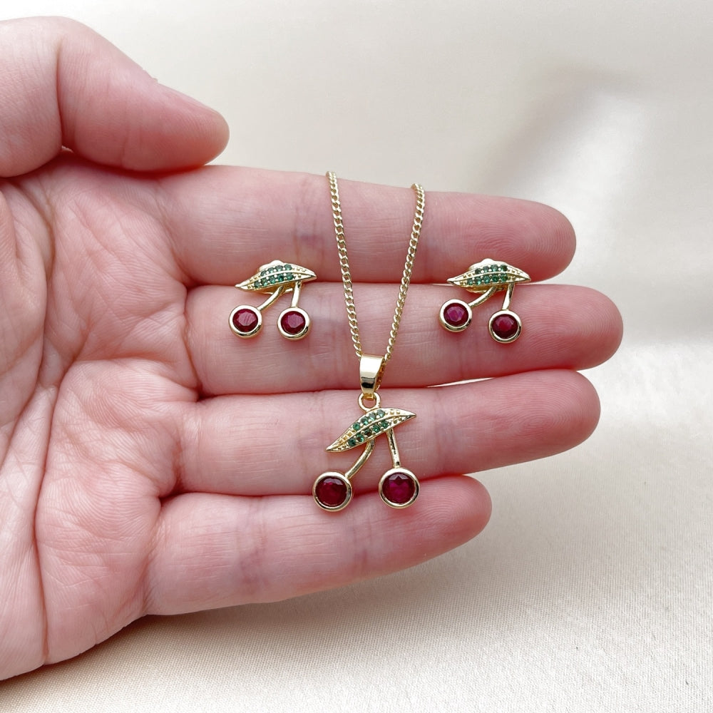 Oro Laminado Earring and Pendant Adult Set, Gold Filled Style Cherry Design, with Ruby Cubic Zirconia and Green Micro Pave, Polished, Golden Finish