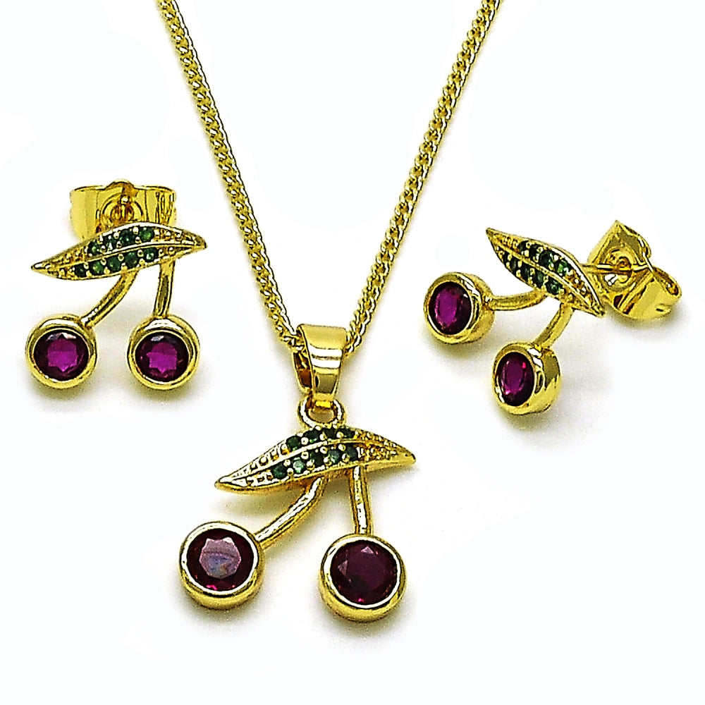 Oro Laminado Earring and Pendant Adult Set, Gold Filled Style Cherry Design, with Ruby Cubic Zirconia and Green Micro Pave, Polished, Golden Finish
