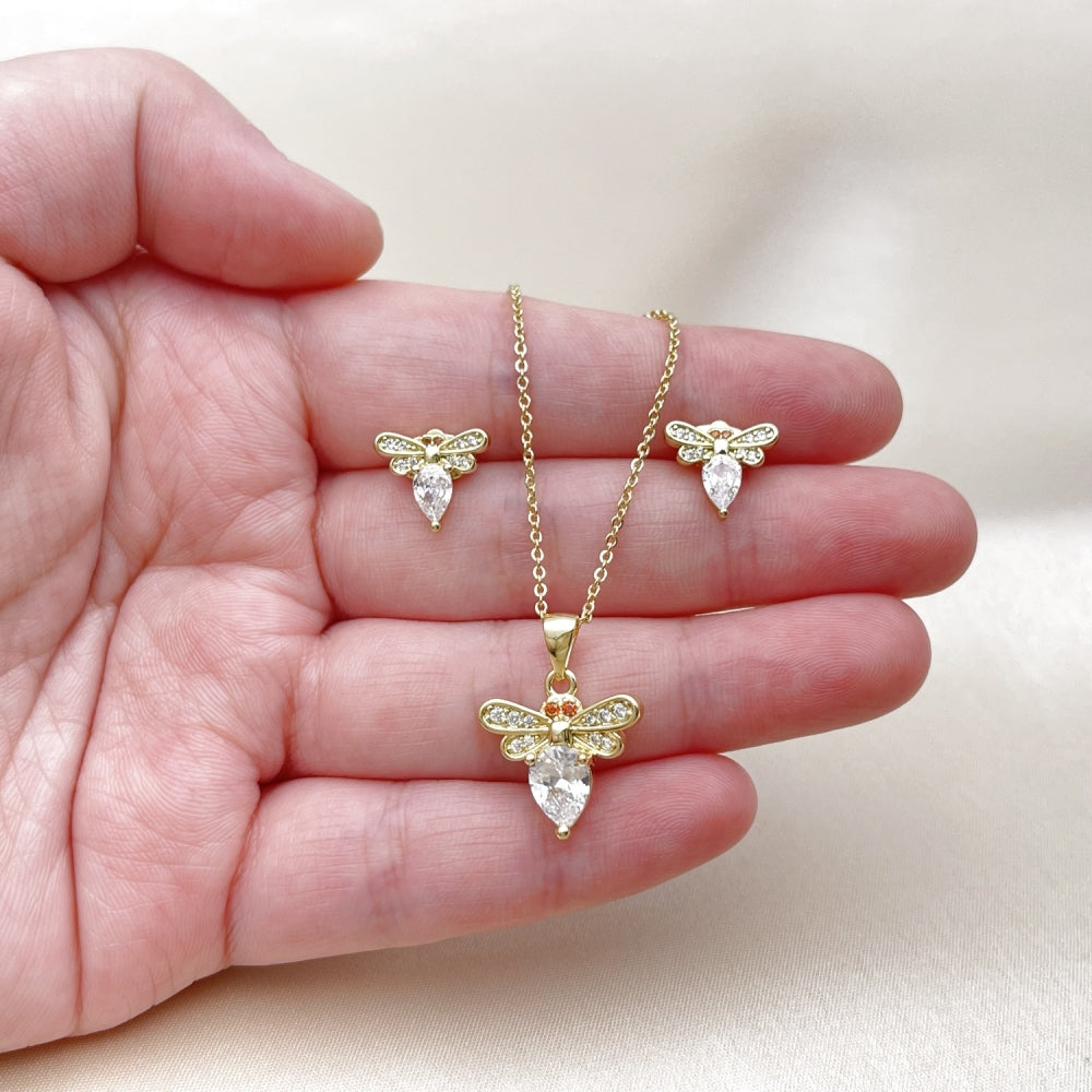 Oro Laminado Earring and Pendant Adult Set, Gold Filled Style Bee Design, with White and Garnet Cubic Zirconia, Polished, Golden Finish