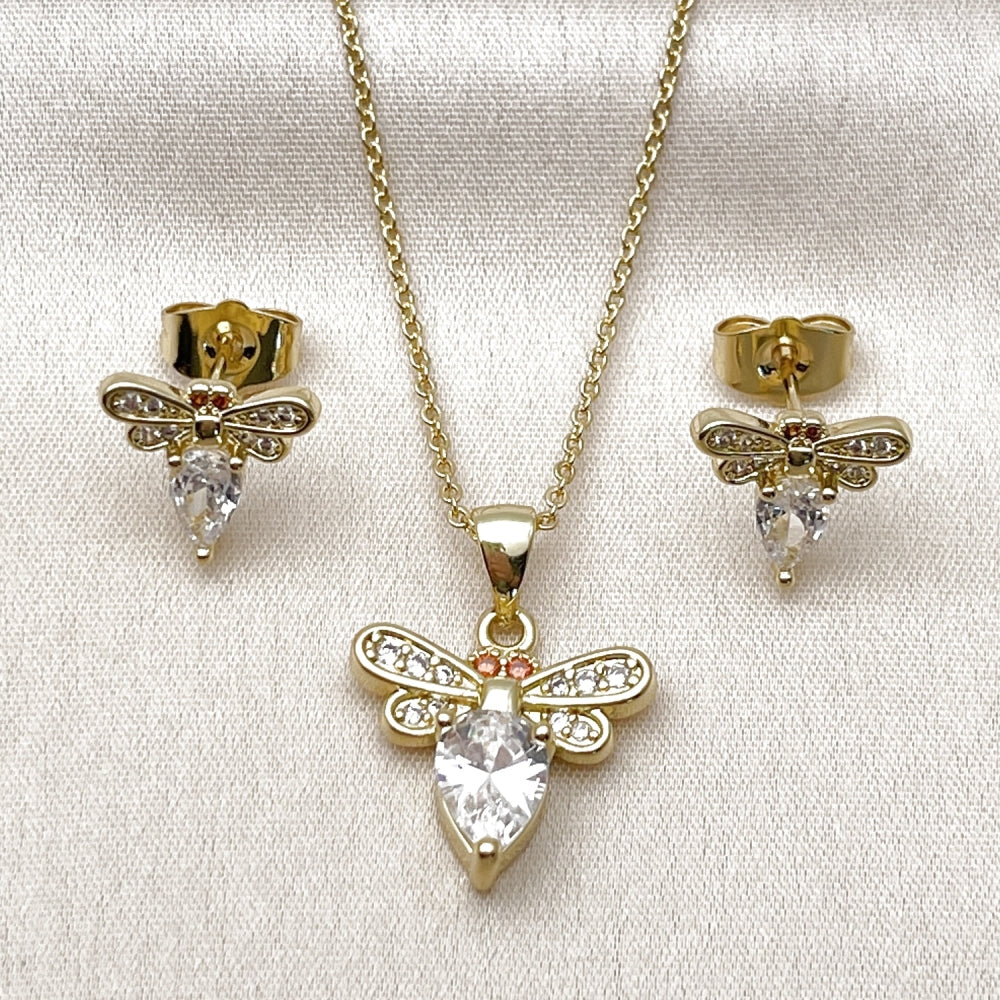 Oro Laminado Earring and Pendant Adult Set, Gold Filled Style Bee Design, with White and Garnet Cubic Zirconia, Polished, Golden Finish