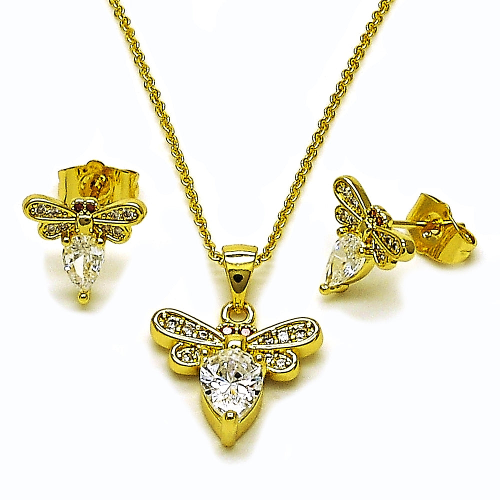 Oro Laminado Earring and Pendant Adult Set, Gold Filled Style Bee Design, with White and Garnet Cubic Zirconia, Polished, Golden Finish