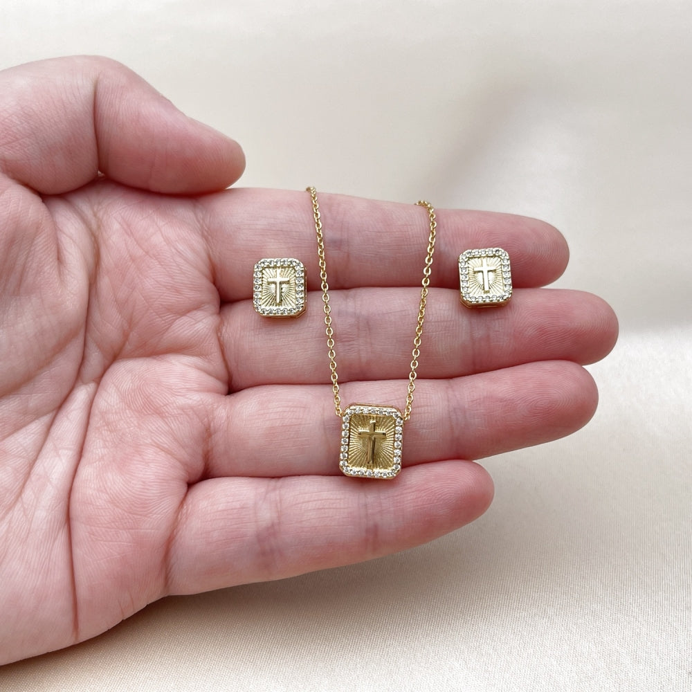Oro Laminado Earring and Pendant Adult Set, Gold Filled Style Cross Design, with White Micro Pave, Diamond Cutting Finish, Golden Finish