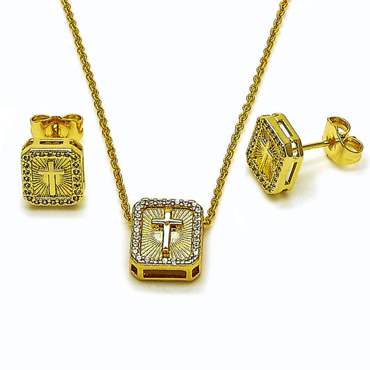 Oro Laminado Earring and Pendant Adult Set, Gold Filled Style Cross Design, with White Micro Pave, Diamond Cutting Finish, Golden Finish